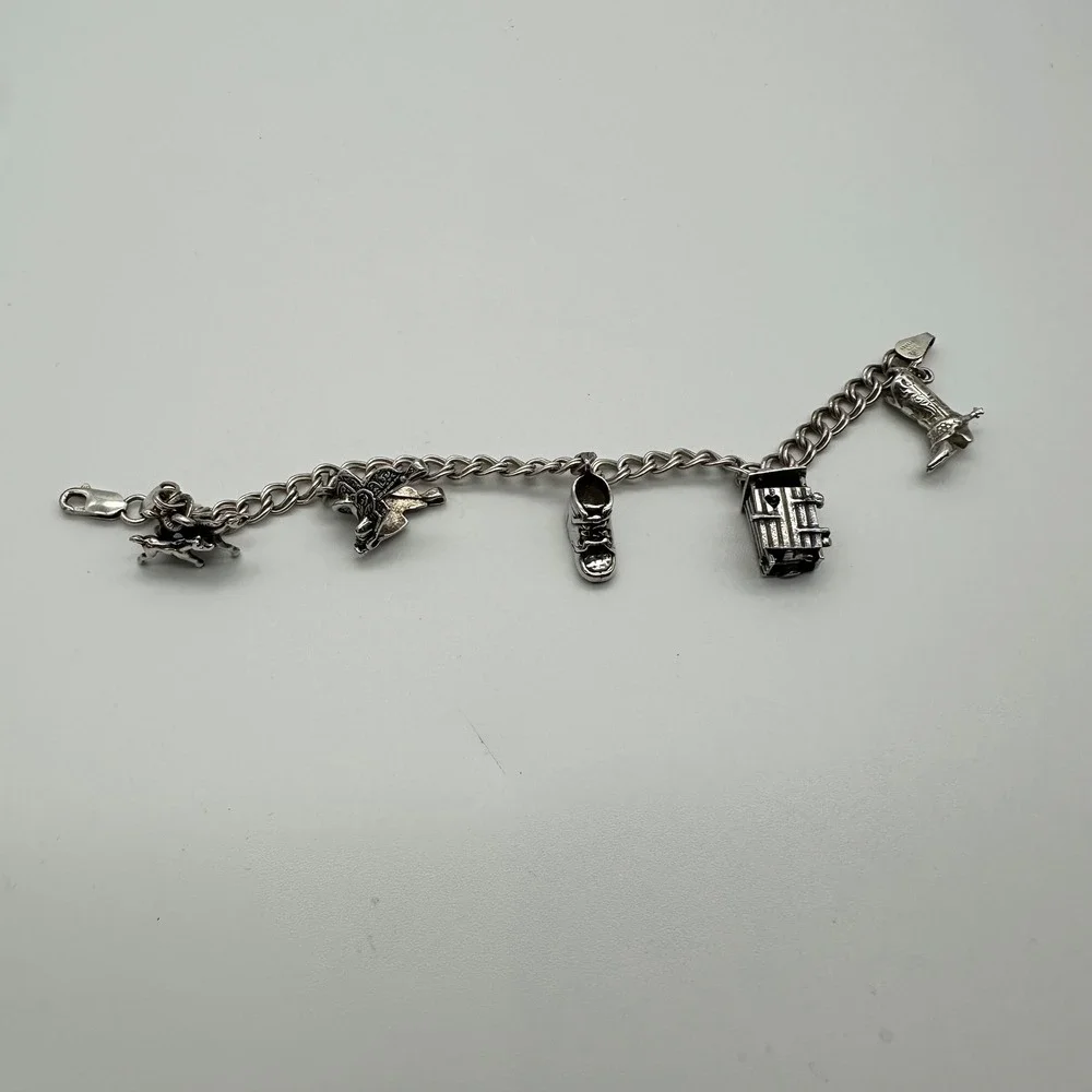Kids Sterling Silver 925 Western Charm Bracelet Horses Boot Outhouse 22g Italy